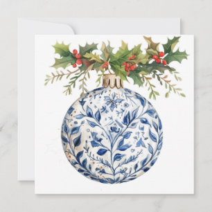 Blauw Chinoisserie Balornament met Groene Hulst Feestdagenkaart