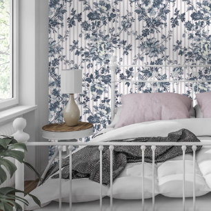  blauw chintz en streepjespatroon behang