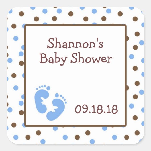 Blauw & Chocoladebruin Baby shower Favor met voetj Vierkante Sticker (Voorkant)