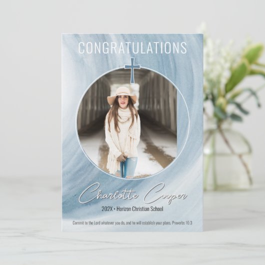 Blauw Christelijk Afstuderen Fotouitnodiging Kaart (Staand voorkant)