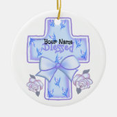 Blauw Christelijk kruis Keramisch Ornament (Voorkant)