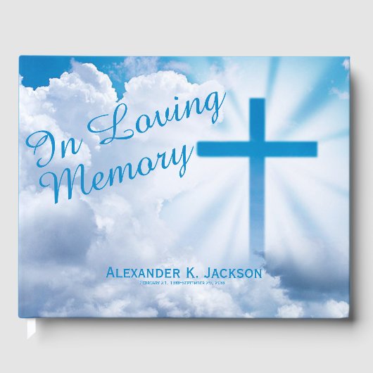 Blauw Christelijk kruiswitte wolken in liefdevolle Gastenboek (Voorkant)