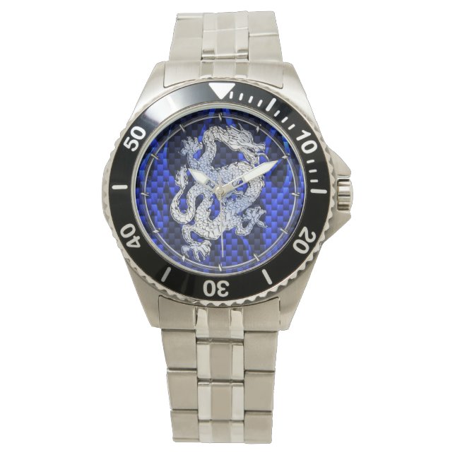 Blauw Chroom zoals Dragon Carbon Fiber Style Horloge (Voorkant)