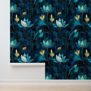 blauw chrysant art nouveau behang