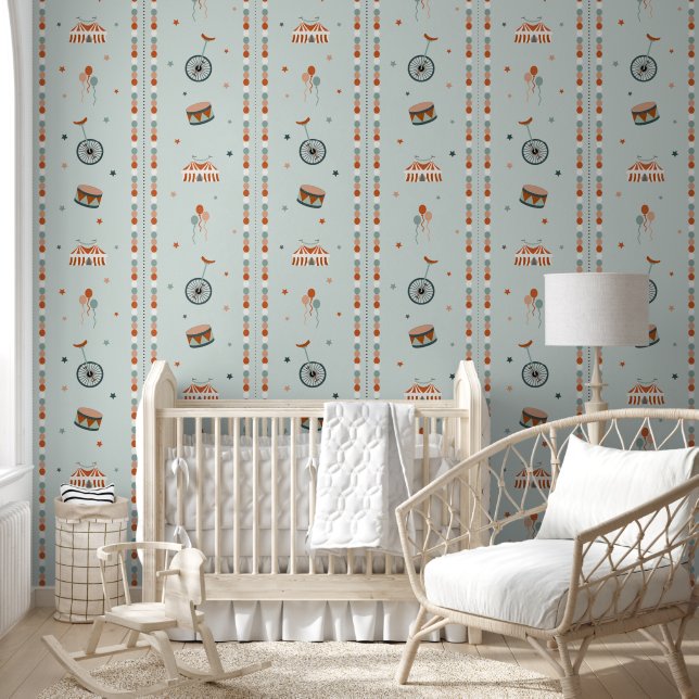 Blauw Circus & Strepen Jongens Nursery Behang (Kinderen)