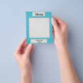 Blauw cirkelvormig achtergrondmenu, papier flyer (Hand)