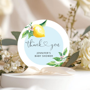 Blauw citroen baby shower bedankt ronde sticker