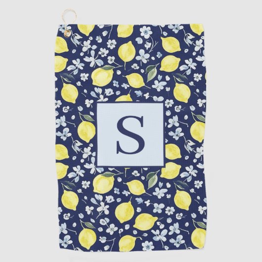 Blauw Citroen Bloemenkroon Monogram Golfhanddoek (Voorkant)