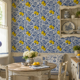 Blauw Citroen Botanisch Vintage Patroon Behang