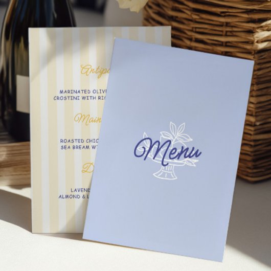 Blauw & Citroen gestreepte mediterrane trouwmenu Menu