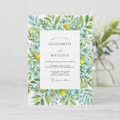 Blauw Citrus Bloemige Whimsy Bruiloft Kaart (Staand voorkant)