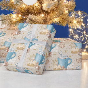 Blauw Cocoa & Kerststol Patroon op Beige Cadeaupapier
