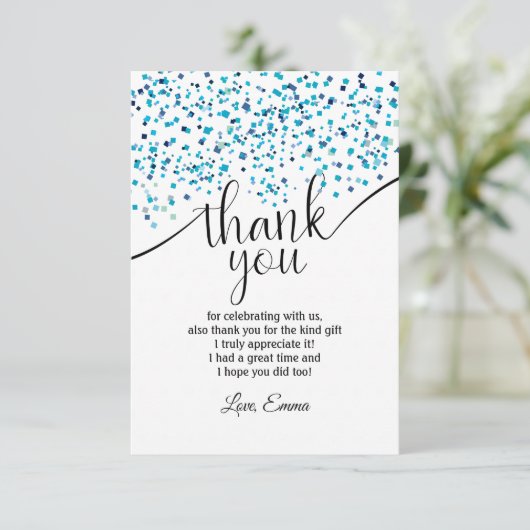 blauw , confetti , dank u wel kaart (Staand voorkant)