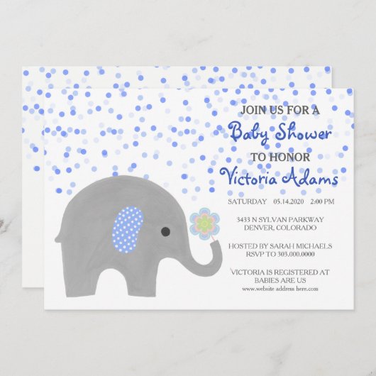 Blauw Confetti Elephant Baby shower Kaart (Voorkant / Achterkant)