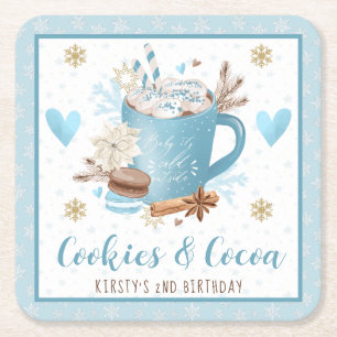 Blauw Cookies en Cocoa 2de Verjaardag Kartonnen Onderzetters