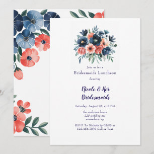 Blauw & Coral Paint Boeket Bruidsmeisjes Luncheon Kaart