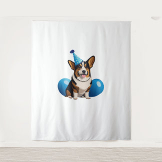 Blauw Corgi Verjaardag Klassiek T-shirt Wandkleed