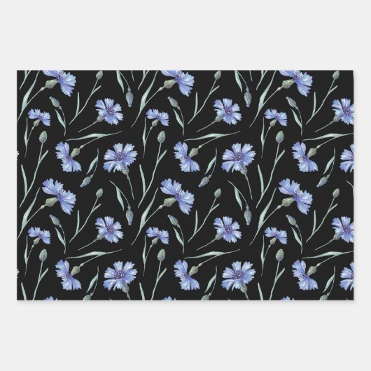 Blauw Cornflower Patroon Zwarte achtergrond Inpakpapier Vel (Voorkant)