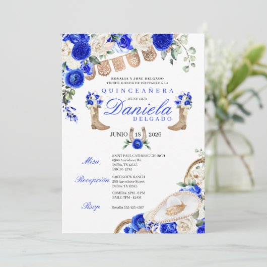 Blauw Cowgirl Laarzen & Touwen Mariachi Quinceañer Kaart (Staand voorkant)