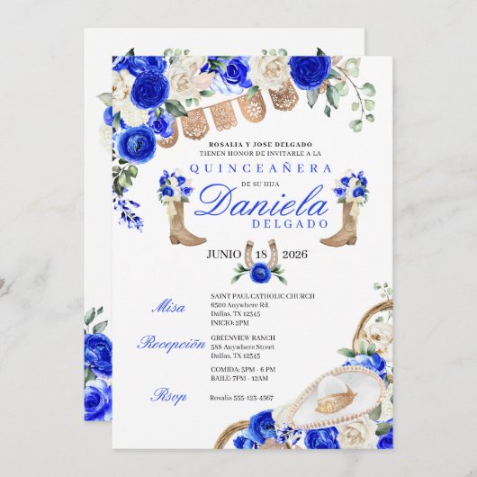 Blauw Cowgirl Laarzen & Touwen Mariachi Quinceañer Kaart (Voorkant / Achterkant)