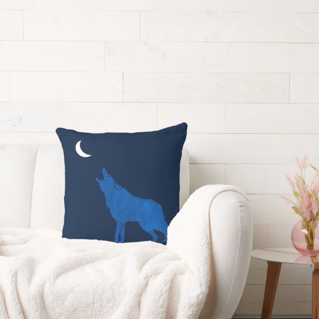 Blauw Coyote Huilen bij de maan Monogram Tweezijdi Kussen (Bank)
