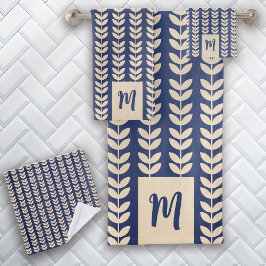 Blauw Cream Blad Patroon Monogram Bad Handdoek