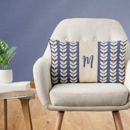 Blauw Cream Blad Patroon Monogram Kussen