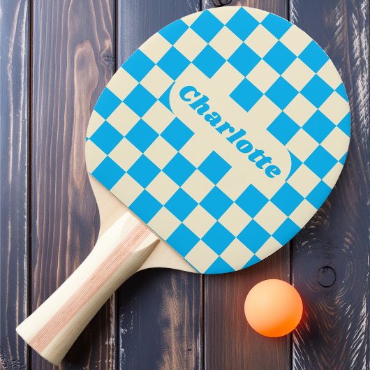 Blauw & Cream Checker met Naam Tafeltennisbatje