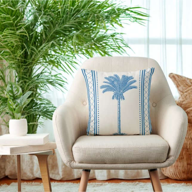  Blauw & Cream Palm Tree Silhouette Kust Kussen (Blue vintage inspired cream palm tree pillow.)