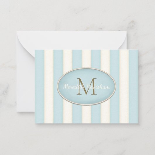 Blauw & Cream Stripes Brons Monogram Custom Notitiekaartje (Voorkant)
