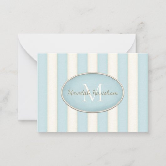 Blauw & Cream Stripes Ovaal ingelijst Monogram Cus Notitiekaartje (Voorkant)