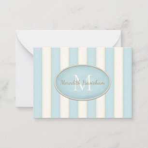 Blauw & Cream Stripes Ovaal ingelijst Monogram Cus Notitiekaartje