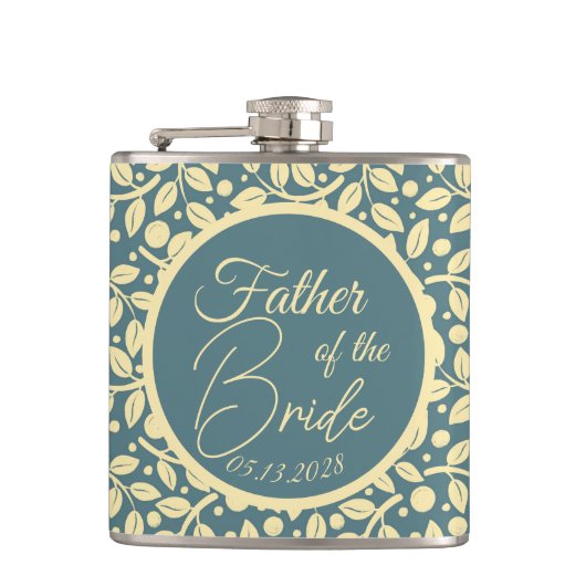 Blauw & Crème Blad Patroon Vader van de Bruid Heupfles (Voorkant)