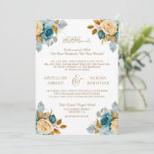 Blauw Crème Bloem Goud QR Code Moslim Bruiloft Kaart (Staand voorkant)