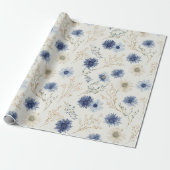 Blauw Crème Bloemen Bruilofts Bruidsshower Cadeaupapier (Uitgerold)