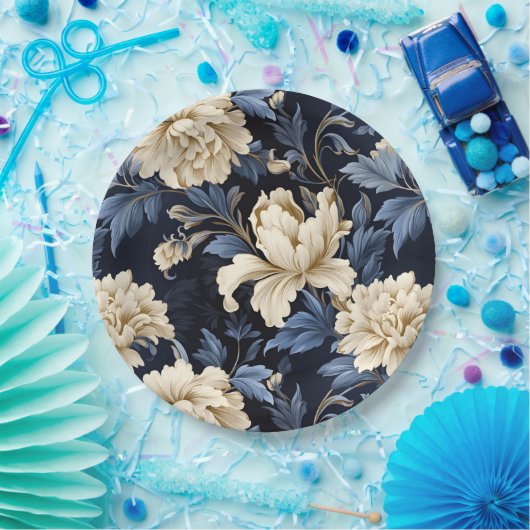 Blauw & Crème Bloemen Pioen Papieren Bordje (Feest)