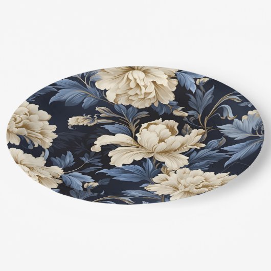 Blauw & Crème Bloemen Pioen Papieren Bordje (Gekanteld)
