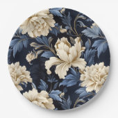 Blauw & Crème Bloemen Pioen Papieren Bordje (Voorkant)