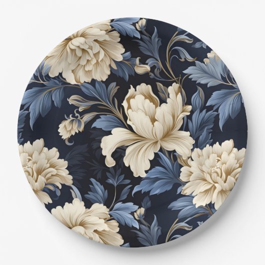 Blauw & Crème Bloemen Pioen Papieren Bordje (Voorkant)