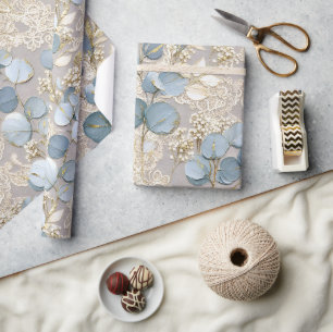 Blauw Crème Bloemig Goud Elegant Cadeaupapier