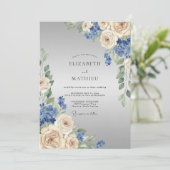 Blauw Crème Bloemstuk Bruiloft Kaart (Staand voorkant)