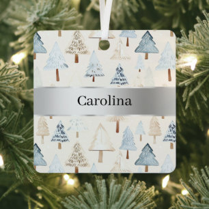 Blauw Crème Bomen Zilver Lint Kerst  Metalen Ornament