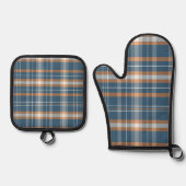 Blauw, crème en sinaasappel plaid ontwerp ovenwant & pannenlap set (Voorkant)
