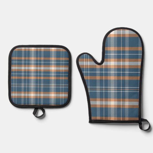 Blauw, crème en sinaasappel plaid ontwerp ovenwant & pannenlap set (Voorkant)