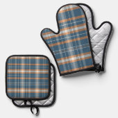 Blauw, crème en sinaasappel plaid ontwerp ovenwant & pannenlap set (Voorkant / Achterkant)