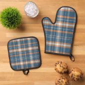 Blauw, crème en sinaasappel plaid ontwerp ovenwant & pannenlap set (Top down)