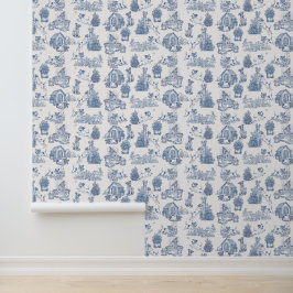 Blauw Crème Frans Toile Jack Russell Decor Behang