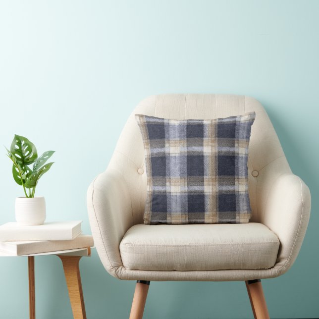 Blauw Crème Geruit Strepen Kussen (Stoel)