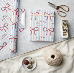Blauw Crème Gestreepte Strik Gepersonaliseerd Cadeaupapier