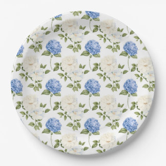 Blauw & Crème Hortensia Bloem Feest Papieren Borde Bordje